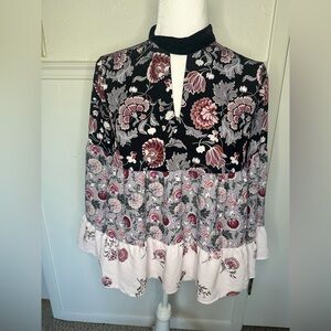 LOFT Black and Pink Graphic Long Sleeve Blouse size XS